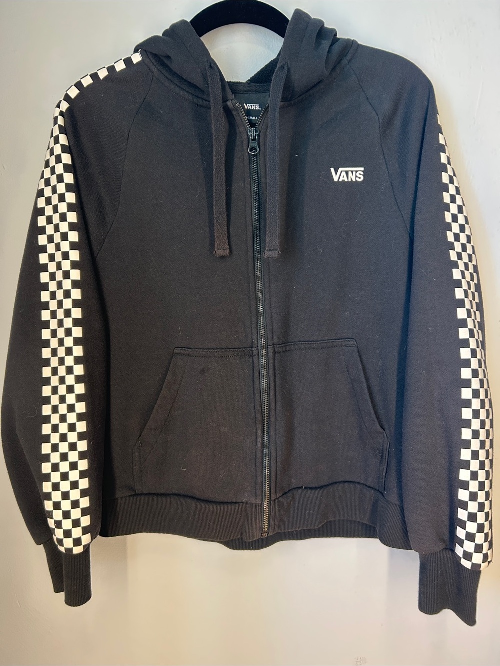 Vans Black Hoodie with White Checkerboard Sleeve Stripes
